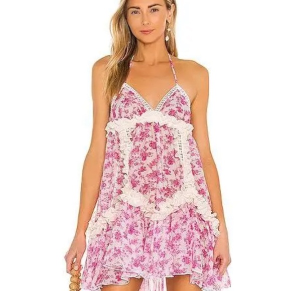 CHIO Floral Frill Short Dress Pink, Medium, unlined pull on styling - Picture 4 of 8